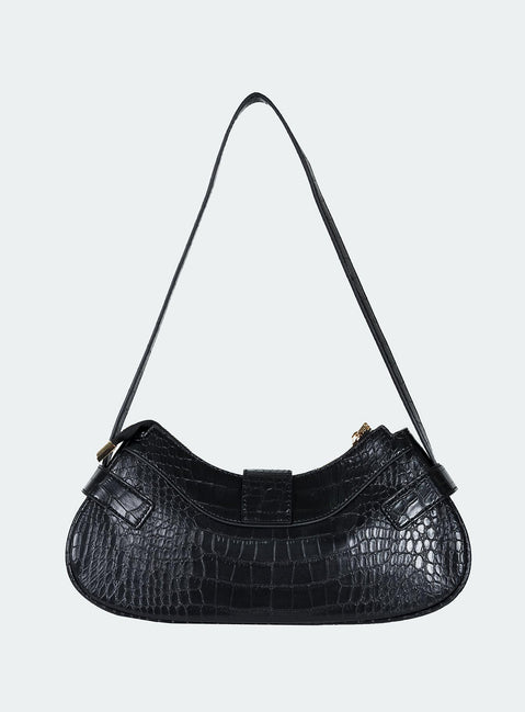 Shoulder bag Faux croc leather Gold-toned hardware Zip fastening Fixed strap  Flat base