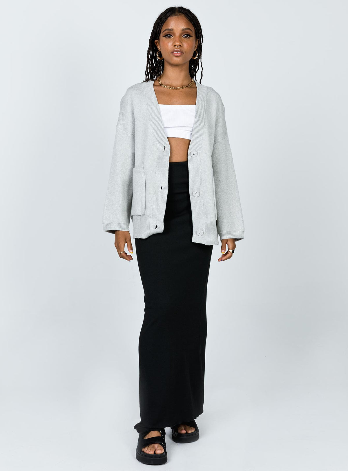 front view of model wearing Princess Polly Burke Cardigan Grey Jumpers 
