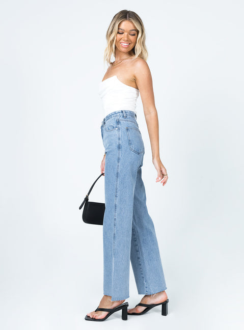 side view of model wearing Princess Polly Arlington High Rise Straight Leg Jeans Denim High Rise Jeans Jeans 