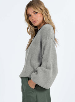 side view of model wearing Princess Polly Harmony Balloon Sleeve Knit Sweater Grey Longline Jumpers Jumpers 
