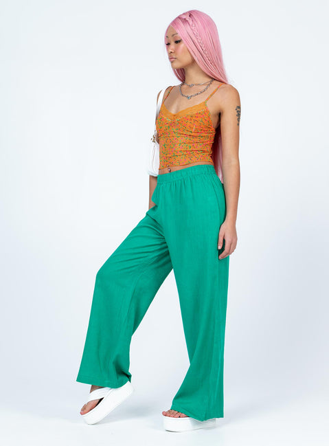 side view of model wearing Princess Polly Louis Linen Blend Pants Green Pants 