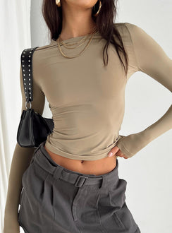 side view of model wearing Princess Polly Arnim Long Sleeve Top Latte Full Sleeves High Neck 