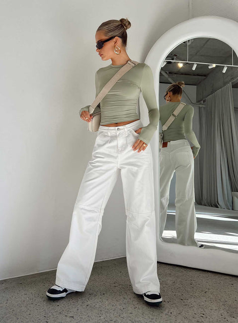 Front view of model wearing  front Princess Polly Short Sleeves High Neck  Farro Long Sleeve Top Sage