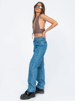side view of model wearing Princess Polly Holly Asymmetric Straight Leg Jean Mid Wash Denim Mid Rise Jeans Jeans 