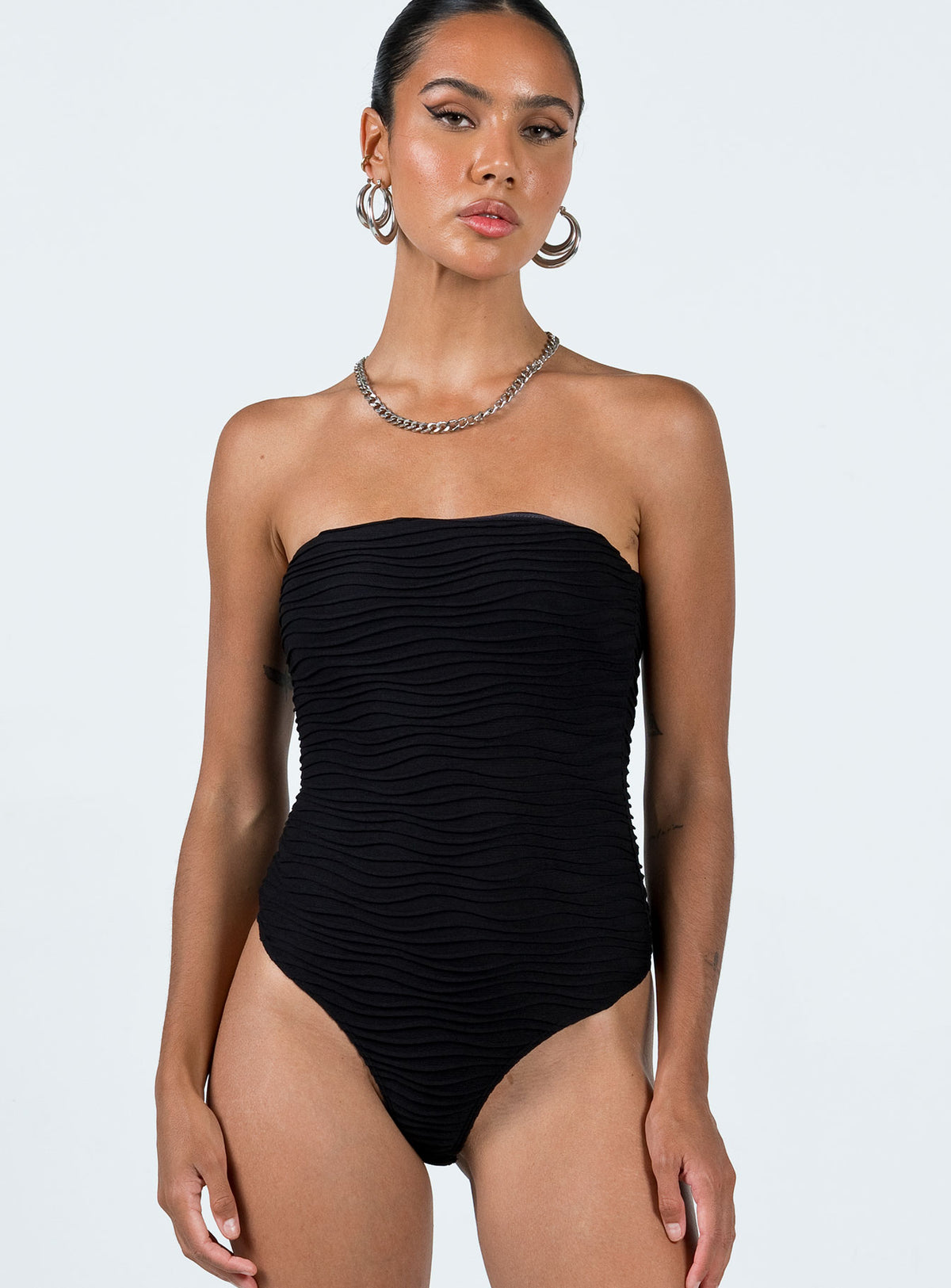 front view of model wearing Princess Polly Makena Strapless Bodysuit Black Sleeveless straight 