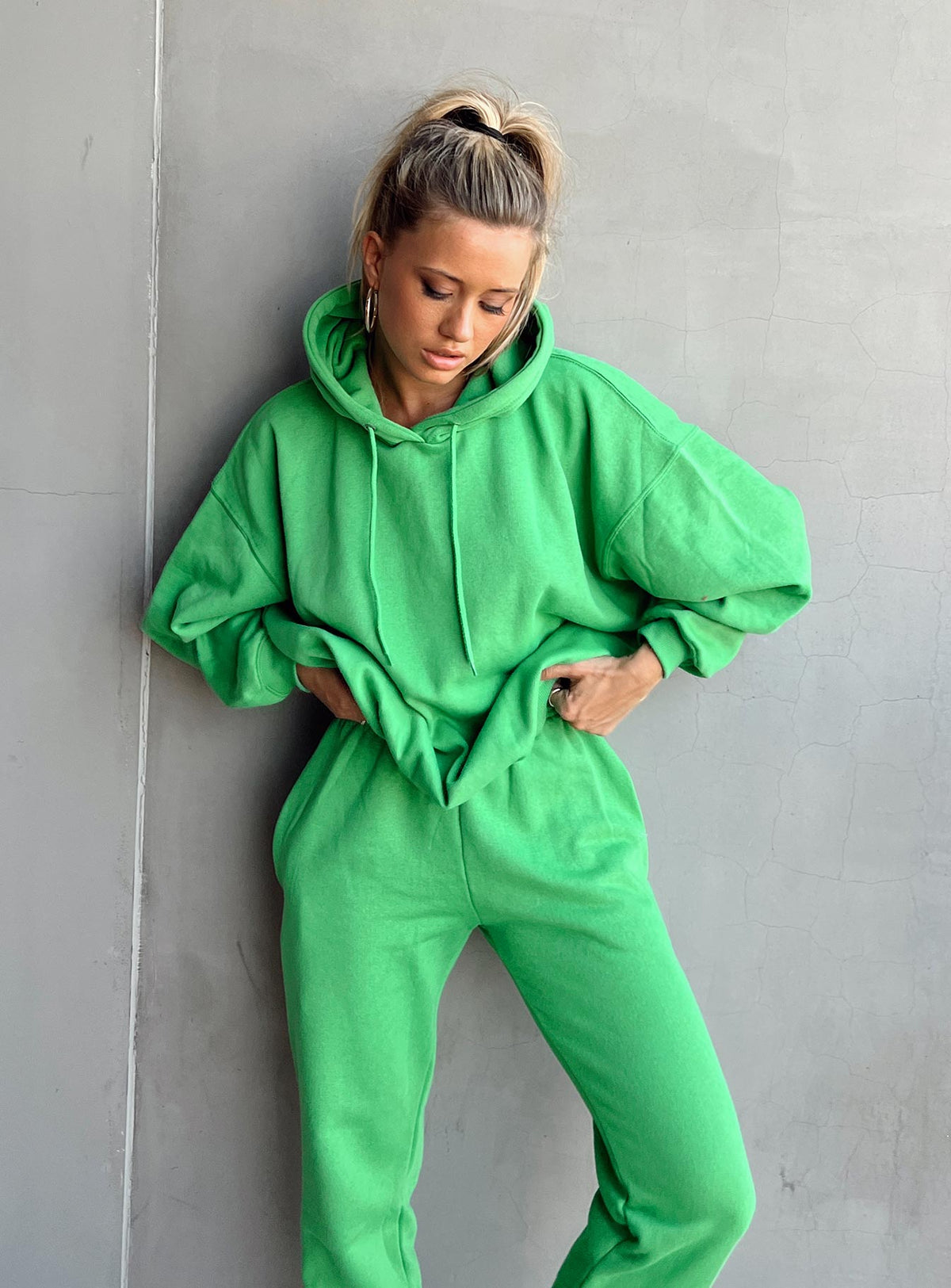 front view of model wearing Princess Polly Ritu Oversized Hoodie Green Jumpers 