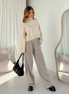 front view of model wearing Princess Polly Carrie Jane Sweater Beige Cropped Jumpers Jumpers 