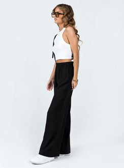 side view of model wearing Princess Polly Louis Linen Blend Pants Black High Rise Pants Pants 