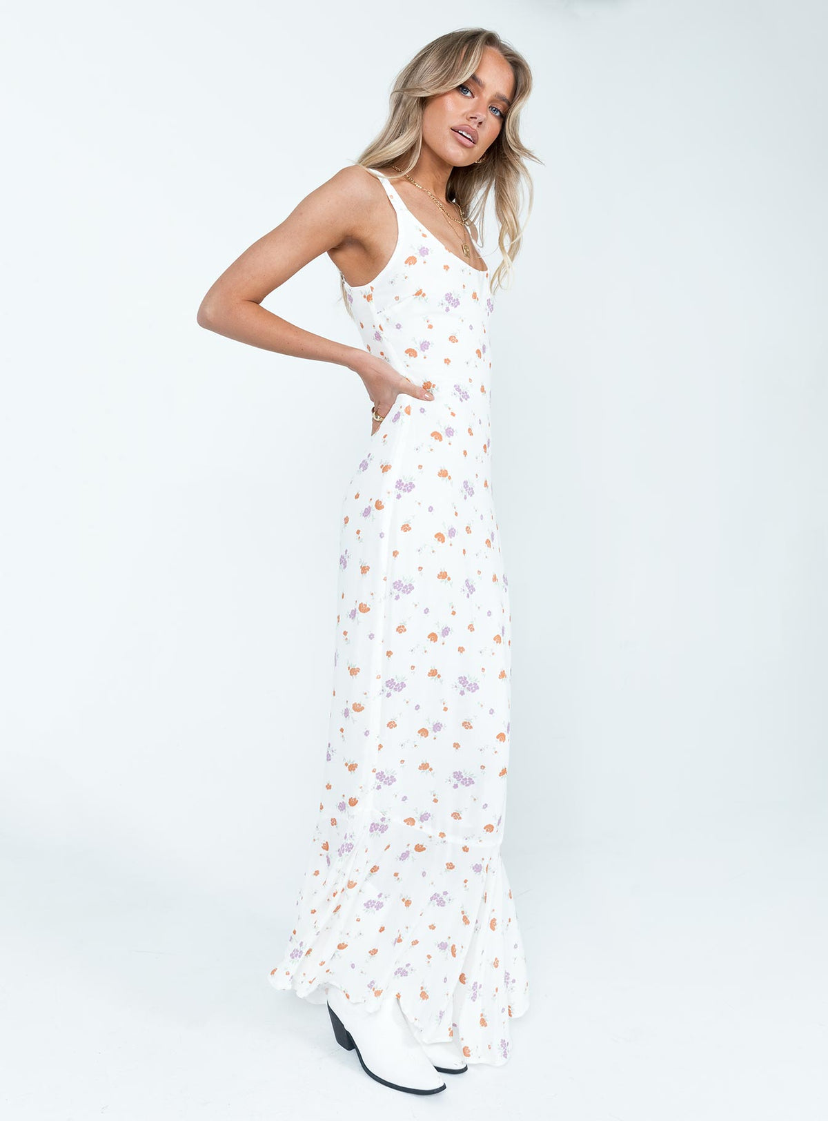 side view of model wearing Princess Polly Curtis Maxi Dress Multi Scoop Neck 