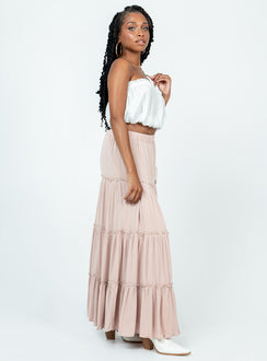   side view of model wearing Princess Polly Miriah Maxi Skirt Beige Maxi Skirts Skirts 