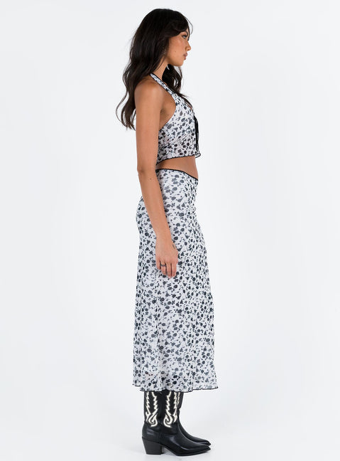 Matching set Mesh material Floral print Crop top Halter neck tie Split hem Tie fastening at bust Maxi skirt Low rise