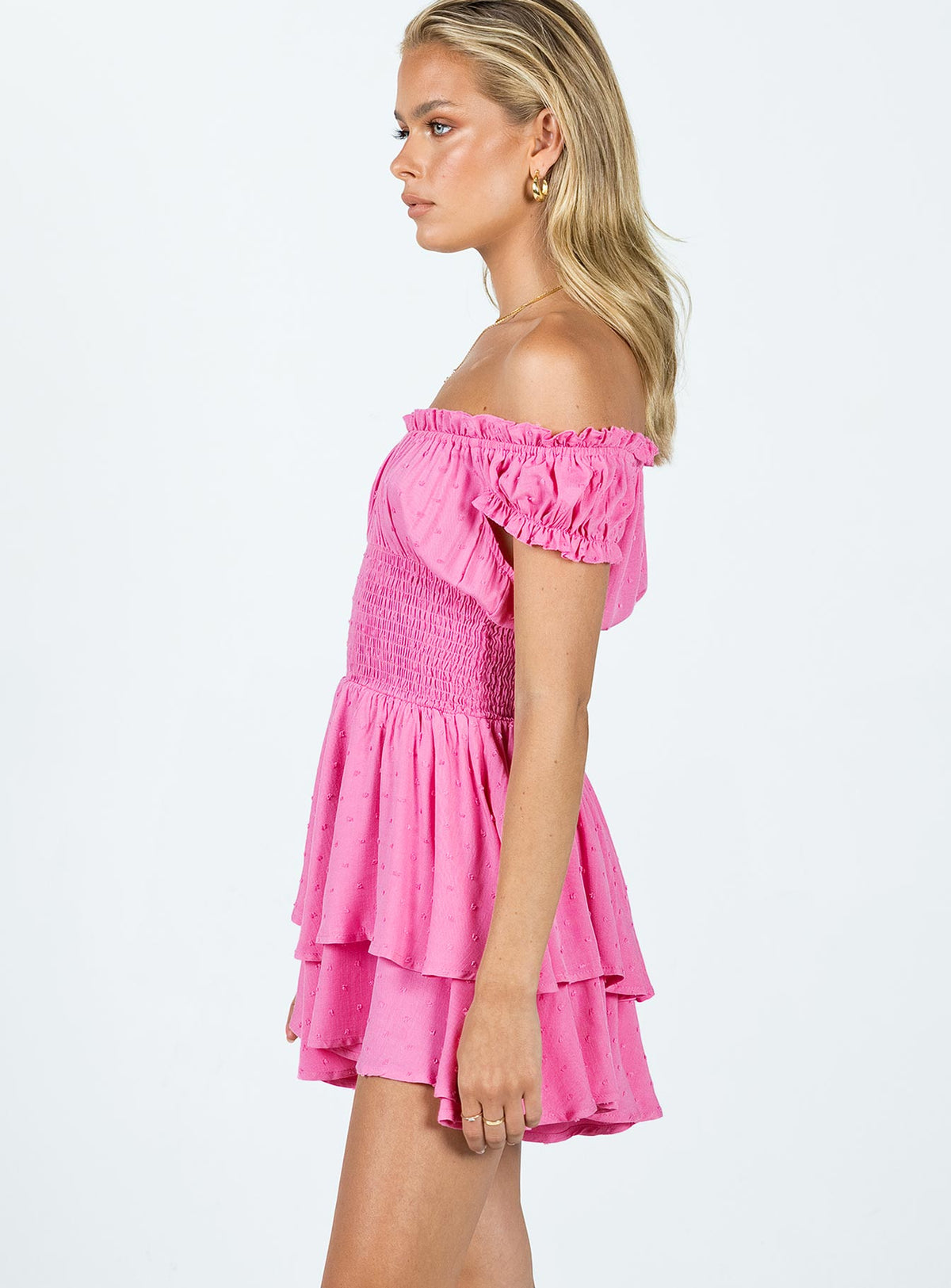 Romper Shirred waistband Ruffle detailing Elasticated neck & sleeves Can be worn on or off-shoulder