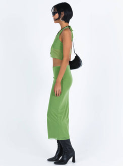 Matching set Mesh material Crop top Halter neck tie Split hem Tie fastening at bust Maxi skirt Low rise Good stretch Partially lined