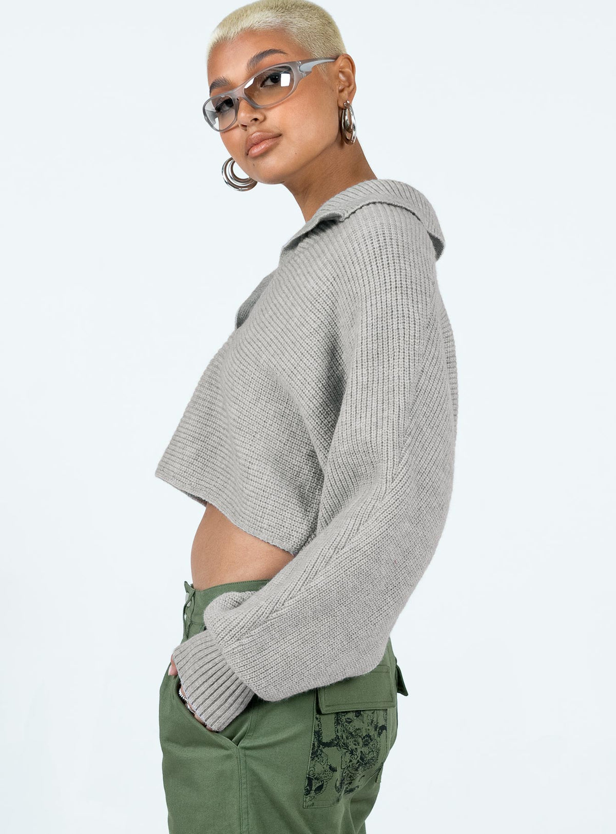 back view of model wearing Princess Polly Tiara Cropped Sweater Grey Cropped Jumpers Jumpers 