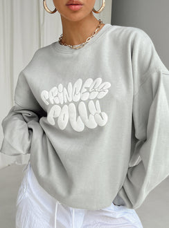 back view of model wearing Princess Polly Princess Polly Crew Neck Sweatshirt Bubble Text Grey / Cloud White Longline Jumpers Jumpers 