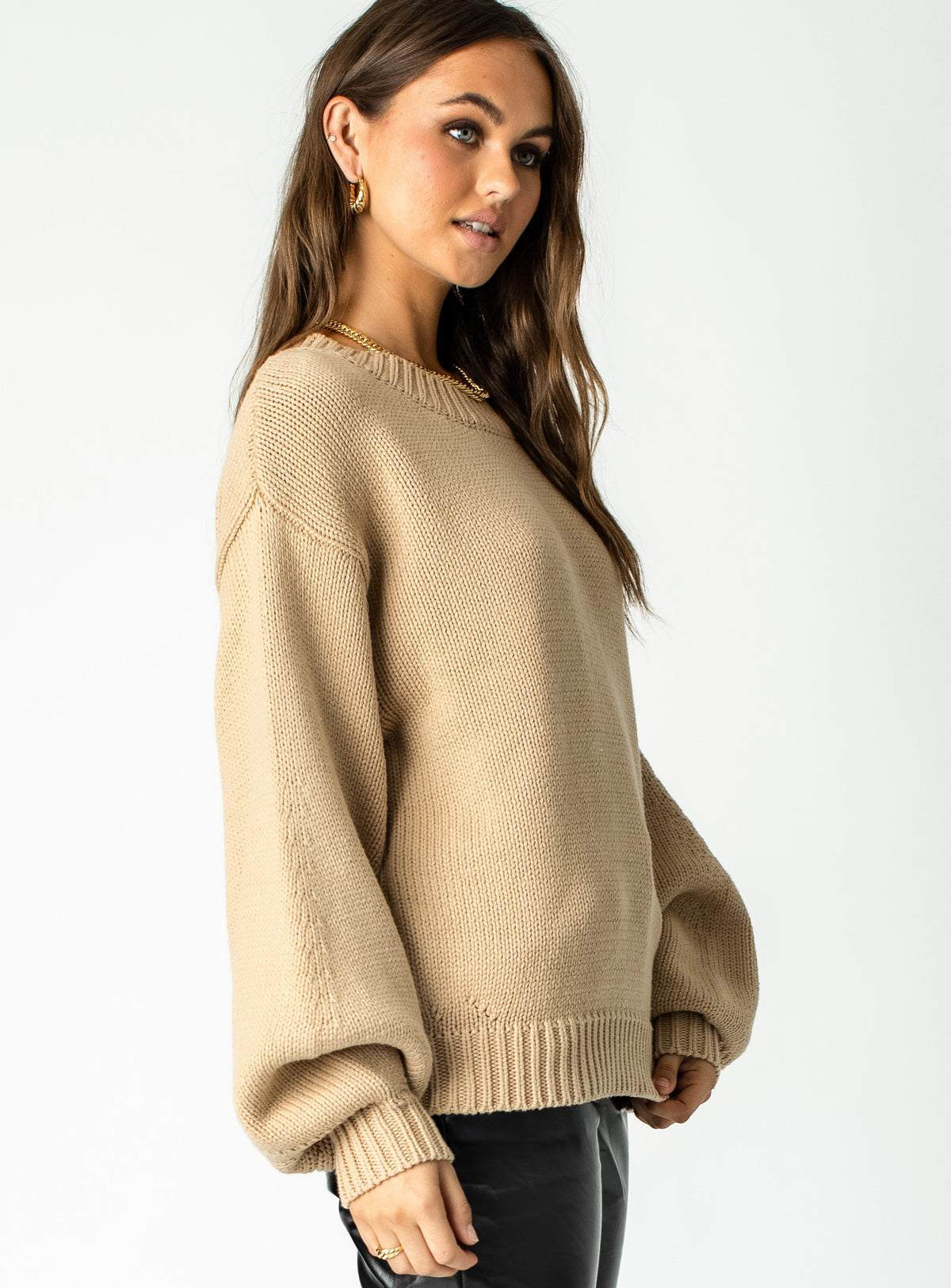 side view of model wearing Princess Polly Harmony Sweater Brown Jumpers 