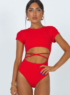 side view of model wearing Princess Polly Nicola Bodysuit Red Short Sleeve Bodysuit 