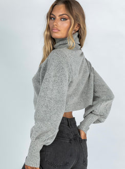 side view of model wearing Princess Polly Zahara Cropped Turtleneck Sweater Grey Jumpers 