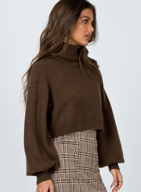 back view of model wearing Princess Polly Zahara Cropped Turtleneck Sweater Brown Cropped Jumpers Jumpers 