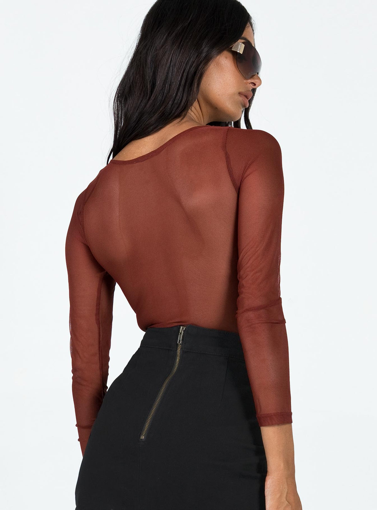 back view of model wearing Princess Polly Leonie Bodysuit Brown Full Sleeves Sweetheart 