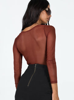 back view of model wearing Princess Polly Leonie Bodysuit Brown Full Sleeves Sweetheart 
