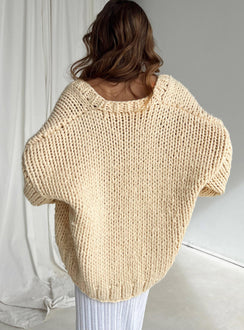 back view of model wearing Princess Polly Lester Knit Cardigan Cream Longline Jumpers Jumpers 