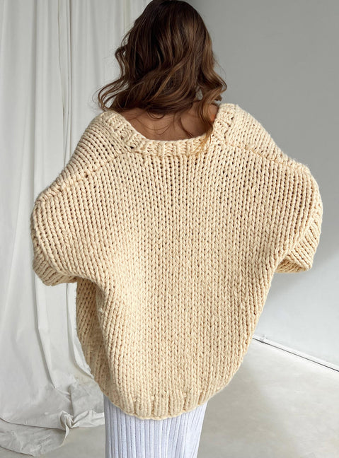 back view of model wearing Princess Polly Lester Knit Cardigan Cream Longline Jumpers Jumpers 