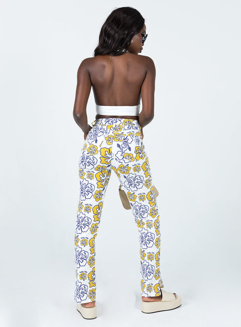 back view of model wearing Princess Polly Tropical Dreams High Rise Straight Leg Denim Jeans Off White Mid Rise Jeans Jeans 