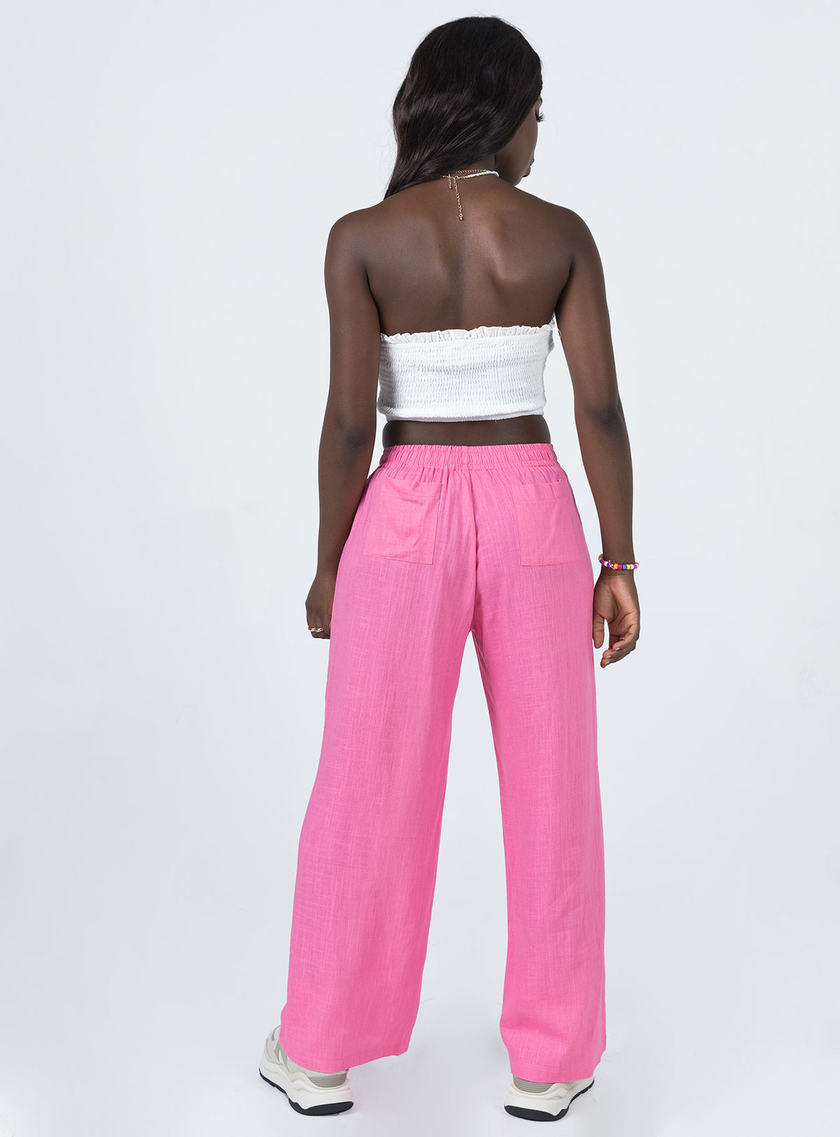 back view of model wearing Princess Polly Louis Linen Blend Pants Pink Pants 