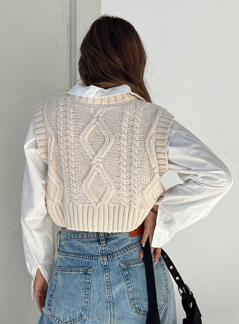 back view of model wearing Princess Polly Carey Sweater Vest Beige Cropped Jumpers Jumpers 