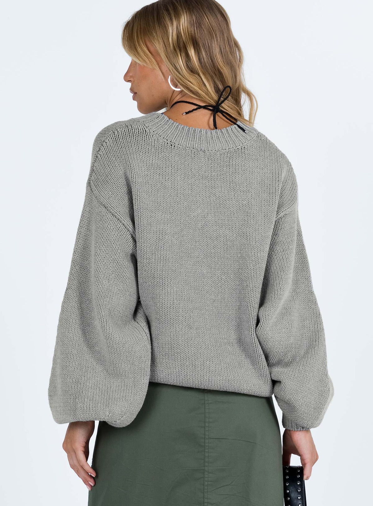 back view of model wearing Princess Polly Harmony Balloon Sleeve Knit Sweater Grey Longline Jumpers Jumpers 