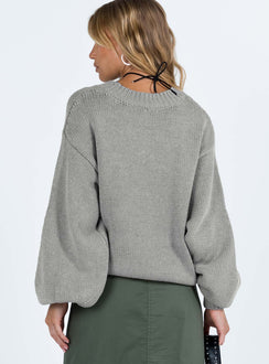 back view of model wearing Princess Polly Harmony Balloon Sleeve Knit Sweater Grey Longline Jumpers Jumpers 
