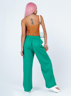 back view of model wearing Princess Polly Louis Linen Blend Pants Green Pants 
