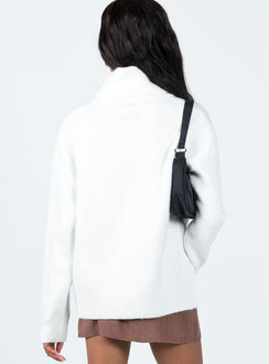 back view of model wearing Princess Polly Oswin Turtleneck Sweater White Longline Jumpers Jumpers 