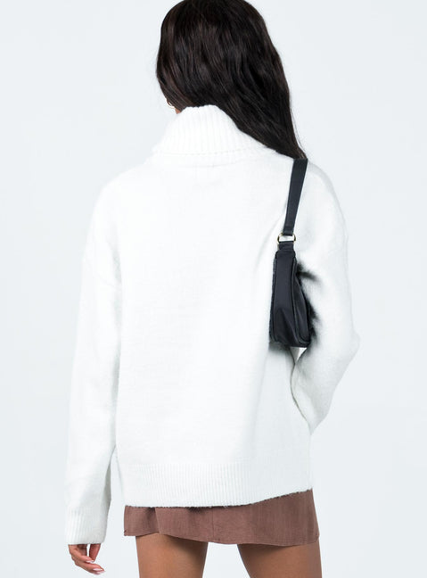 back view of model wearing Princess Polly Oswin Turtleneck Sweater White Longline Jumpers Jumpers 