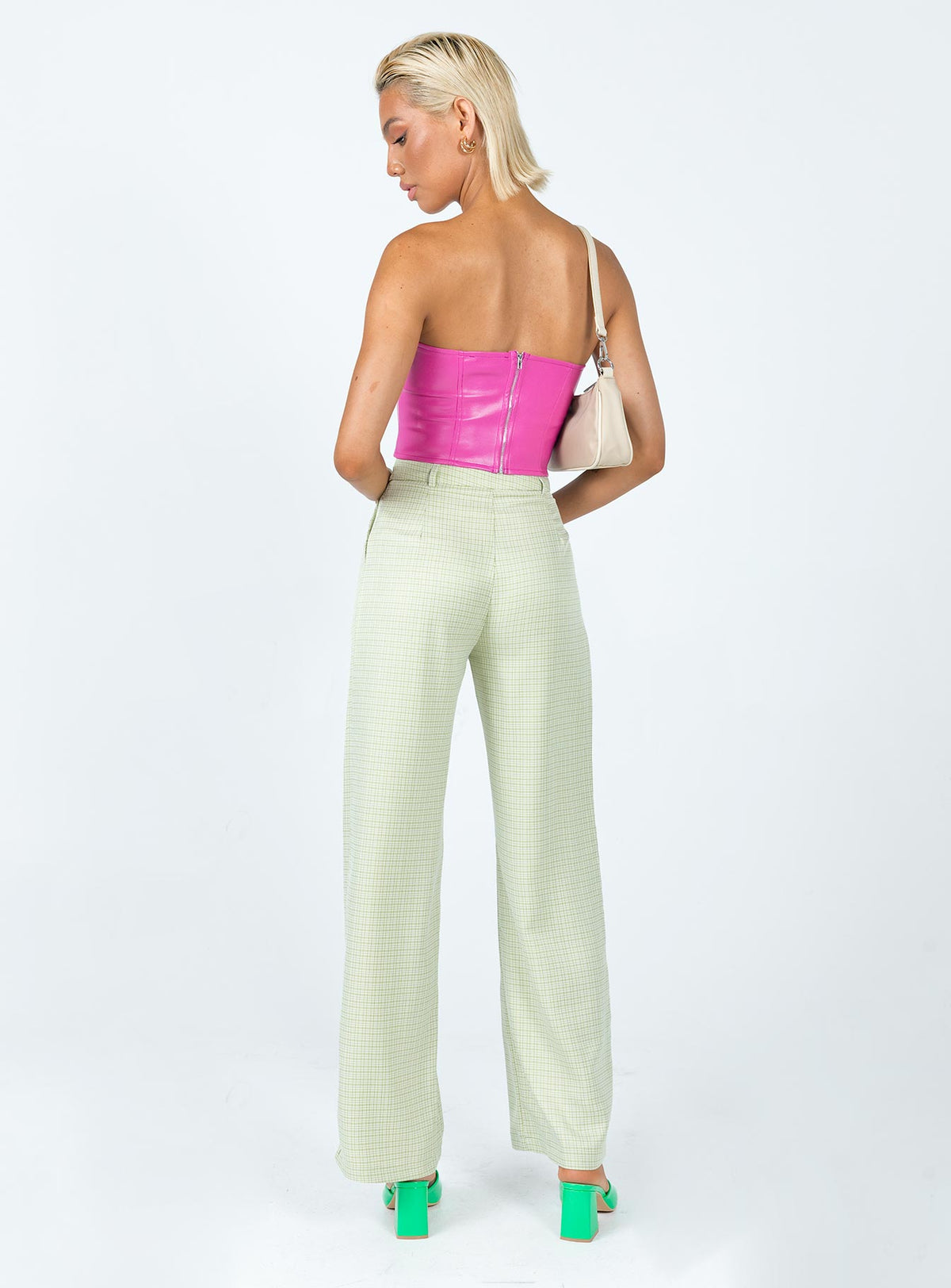 back view of model wearing Princess Polly Archer Pants Green Check Pants 
