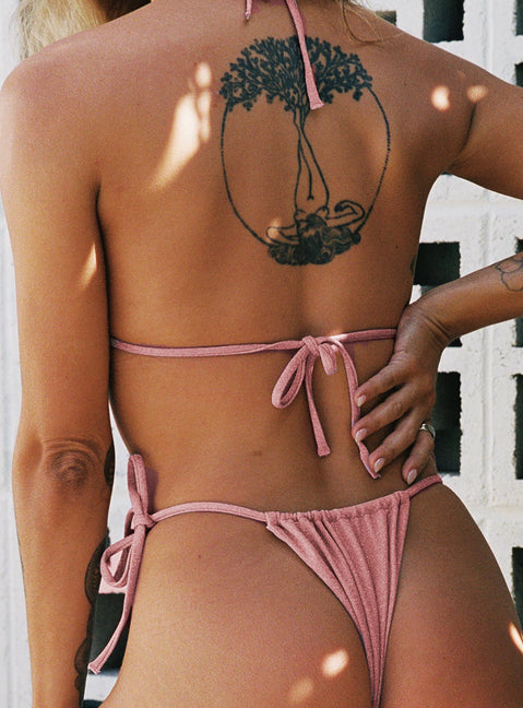 Pink bikini top Sparkle material Triangle style Adjustable coverage Tie fastenings Removable padding Fully lined