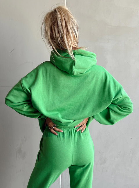 back view of model wearing Princess Polly Ritu Oversized Hoodie Green Jumpers 