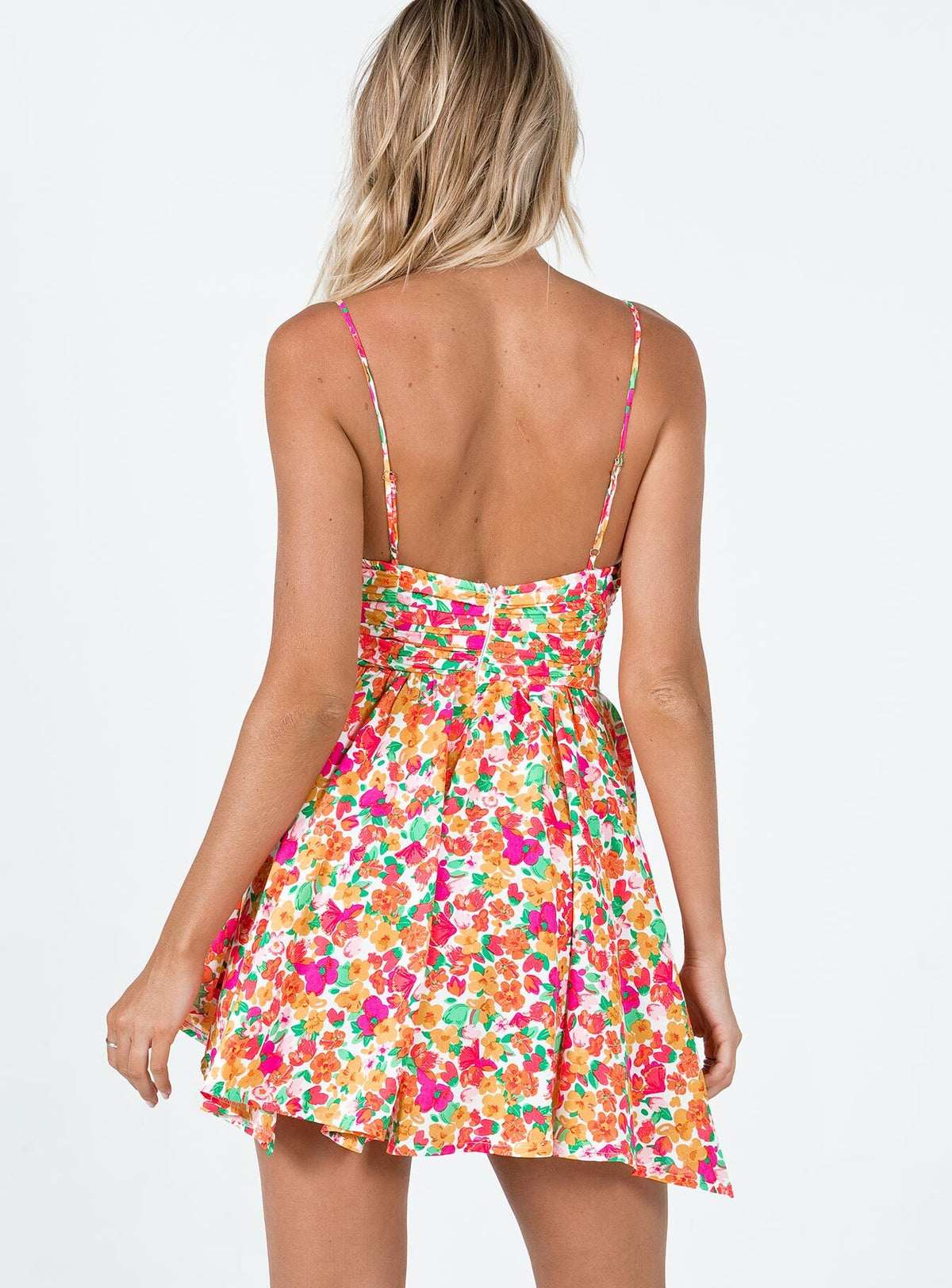back view of model wearing Princess Polly Barrett Mini Dress Multi Floral Sweetheart Neckline 