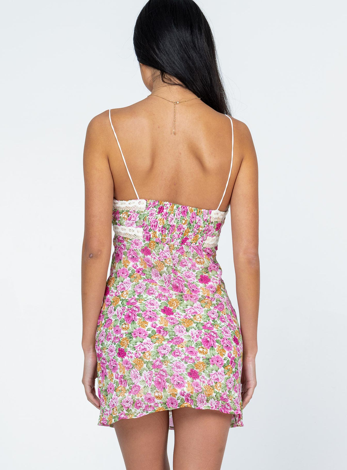 back view of model wearing Princess Polly Emilee Mini Dress Pink Floral Sweetheart Neckline 