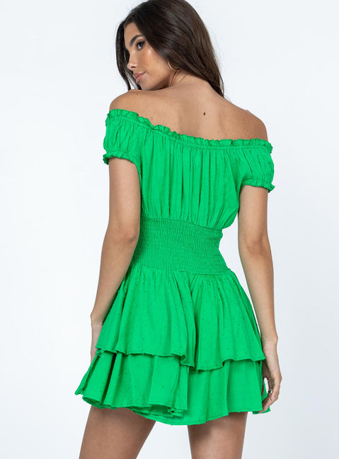 Romper Soft textured material Shirred waistband Ruffle detailing Elasticated neck & sleeves Can be worn on or off-shoulder Layered ruffle hem