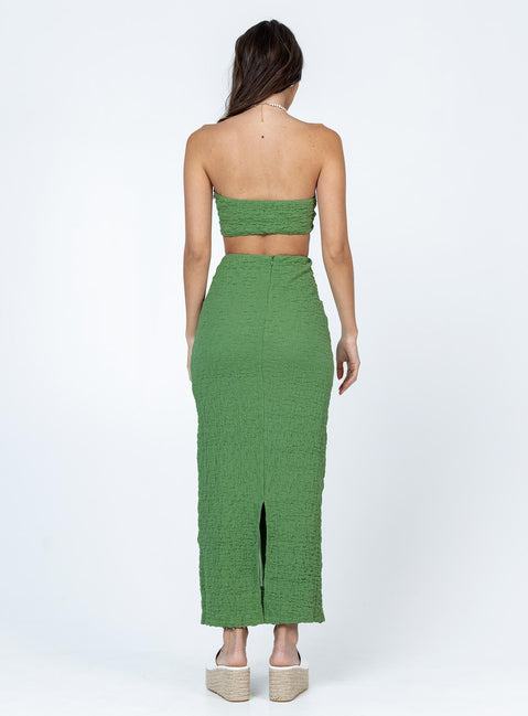 Matching set Crinkle material  Crop top  Can be tied multiple ways  High waisted maxi skirt  Invisible zip fastening at back  High back slit 