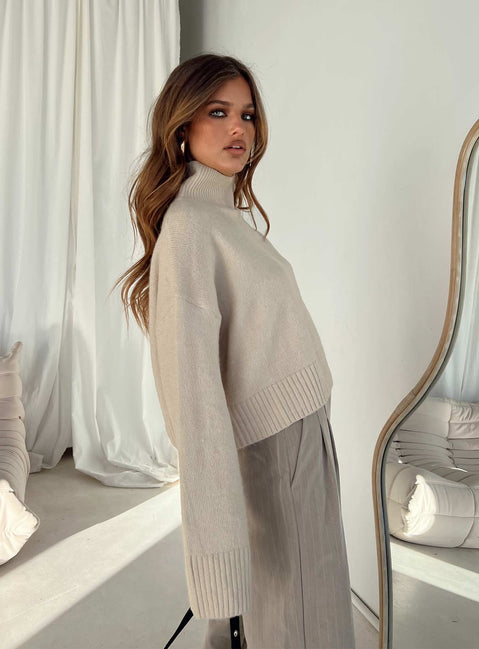 side view of model wearing Princess Polly Carrie Jane Sweater Beige Cropped Jumpers Jumpers 
