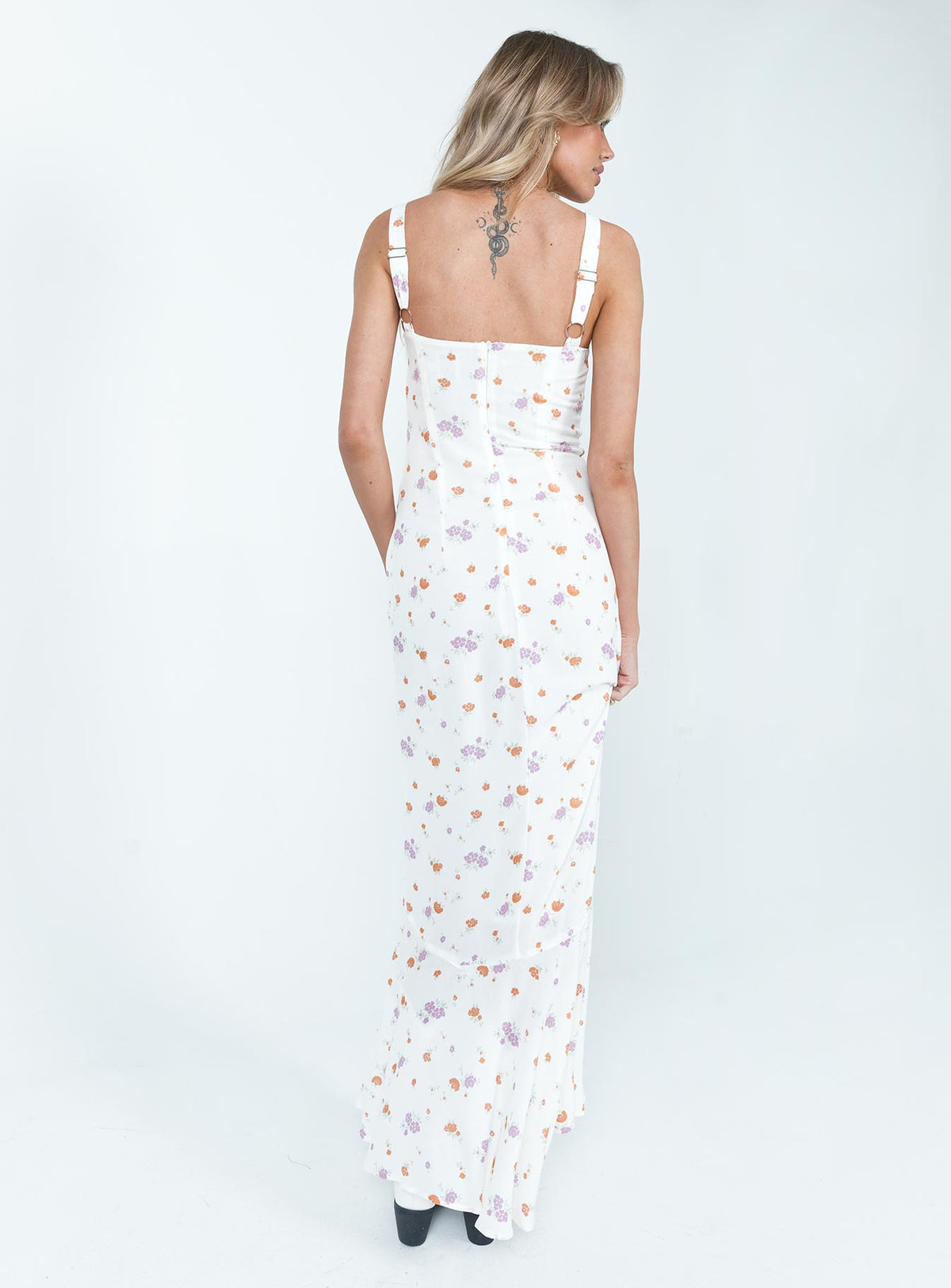 back view of model wearing Princess Polly Curtis Maxi Dress Multi Scoop Neck 