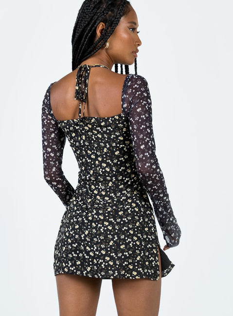 product Princess Polly High Neck  Dyer Sheer Sleeve Mini Dress Black Floral