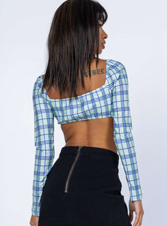 back view of model wearing Princess Polly Becca Long Sleeve Crop Top Green Check 