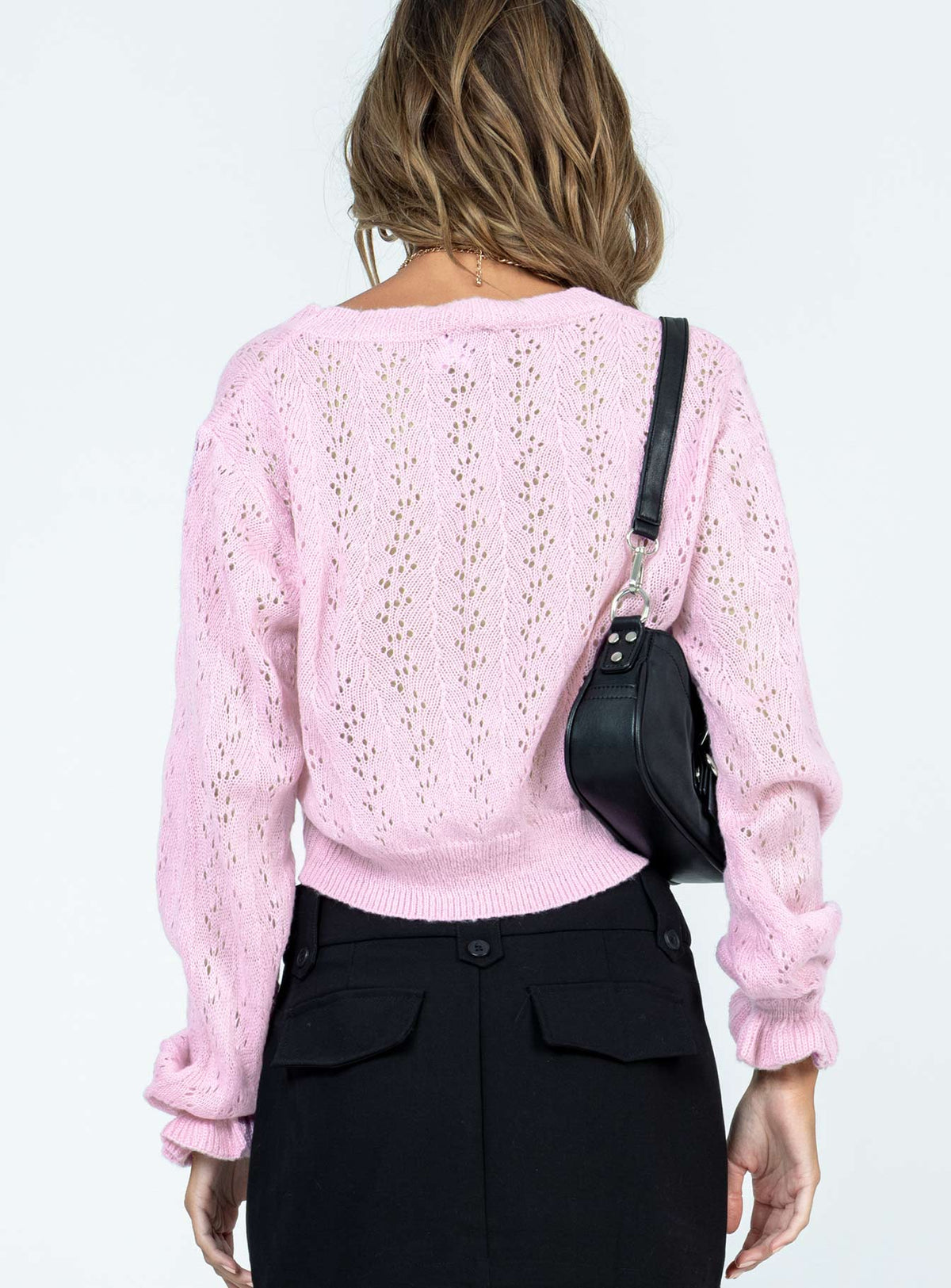 Shop the Lyric Cropped Cardigan Pink womens-jumpers in short length back view of model wearing Princess Polly