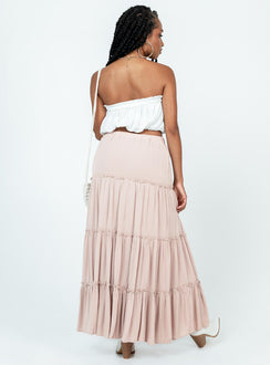 back view of model wearing Princess Polly Miriah Maxi Skirt Beige Maxi Skirts Skirts 
