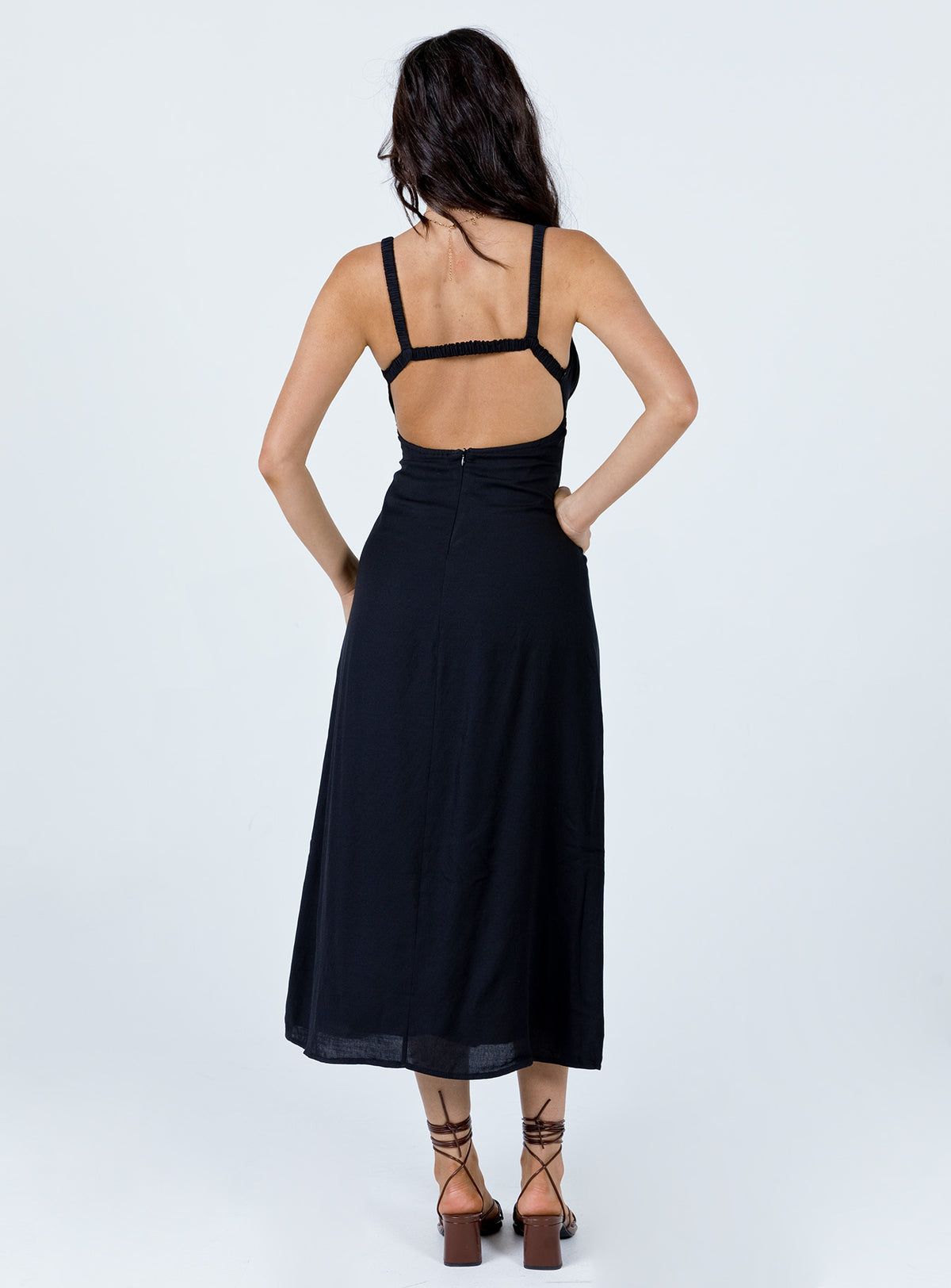 back view of model wearing Princess Polly Georgia Midi Dress Black 