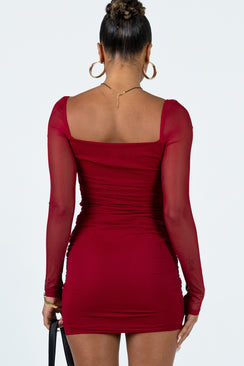 product Princess Polly Asymmetric Neckline  Charvi Long Sleeve Mini Dress Burgundy
